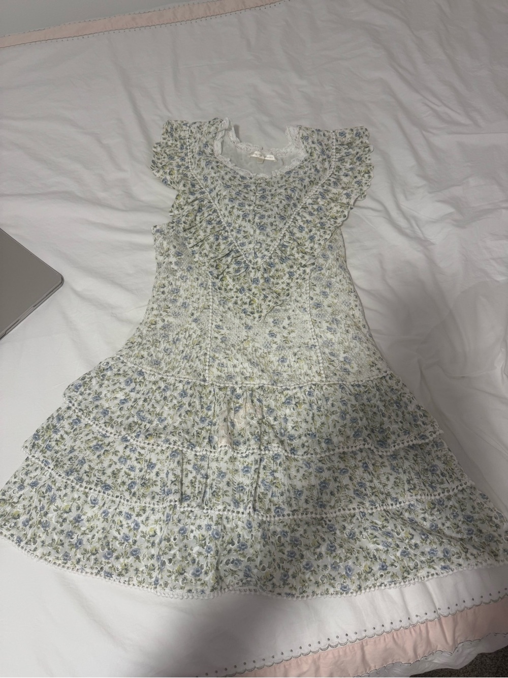 LoveShackFancy Girls' Floral Ruffle Dress - Blue & Cream